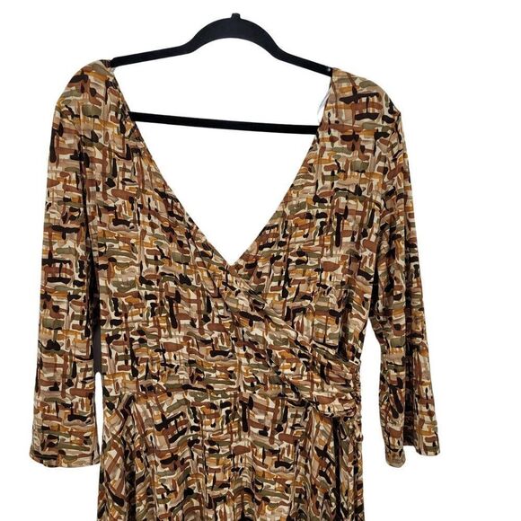 Vintage Slinky Stretch Faux Wrap Dress XL Brown Geometric Gathered Waist Mod USA - Picture 8 of 11